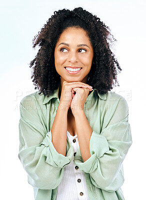 Buy stock photo Thinking, smile and hope with a woman in studio isolated on a white background to wish or pray. Idea, dream and excited with a happy young female person looking or feeling positive in anticipation