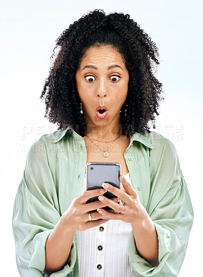 Buy stock photo Phone, wow or woman with surprise gossip or fake news isolated on a white background in studio. Girl, blog search or shocked person reading scam on social media post, mobile app or promo announcement