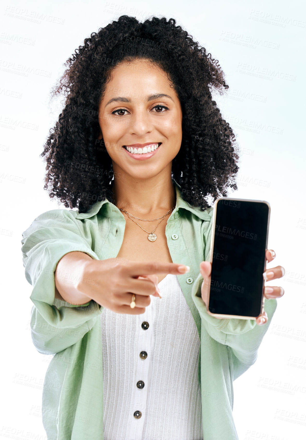 Buy stock photo Screen, mockup or portrait of happy woman with phone on white background on social media or product placement. Pointing, smile or person showing mobile app website or tech mock up space in studio