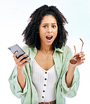 Phone, wow or portrait of shocked woman with surprise gossip or fake news on white background in studio. Girl, sunglasses or person with scam on social media post, mobile app or fashion announcement