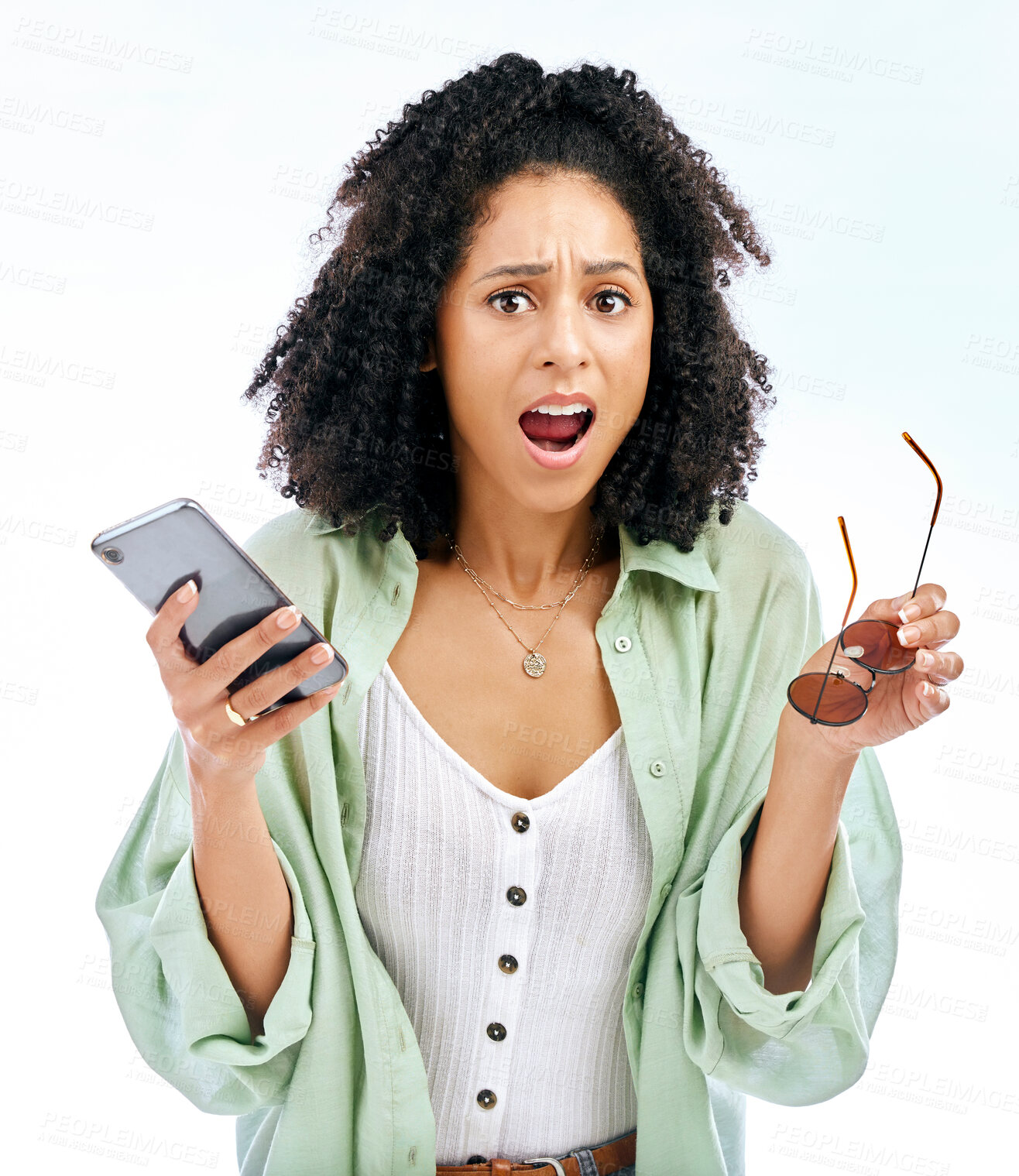 Buy stock photo Phone, wow or portrait of shocked woman with surprise gossip or fake news on white background in studio. Girl, sunglasses or person with scam on social media post, mobile app or fashion announcement