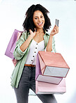 Portrait, shopping bags and happy woman with credit card in studio for sale, discount or promo on white background. Face, payment and lady customer excited by retail, mall or boutique store giveaway
