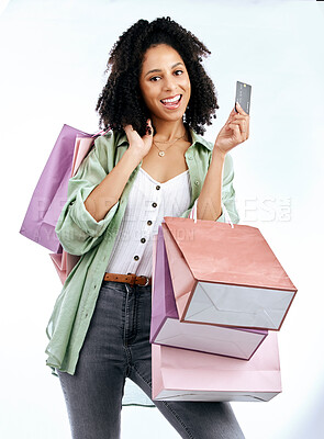 Buy stock photo Portrait, shopping bags and happy woman with credit card in studio for sale, discount or promo on white background. Face, payment and lady customer excited by retail, mall or boutique store giveaway