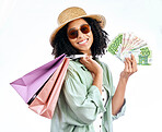 Shopping, money and portrait of happy woman in studio with cashback, bonus or deal on white background. Cash, payment and face of female customer excited for retail, store or mall, sale or giveaway