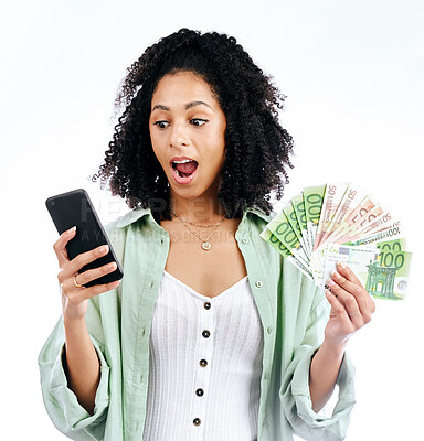 Buy stock photo Woman, phone and money with surprise in studio for prize, investment and excited by white background. Isolated African girl, smartphone and winner with cash fan, giveaway or profit with fintech app