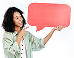 Woman, smile and hand pointing to speech bubble in studio for social media, contact or info on white background. Happy, lady and show poster for voice, feedback or FAQ, forum or conversation quote