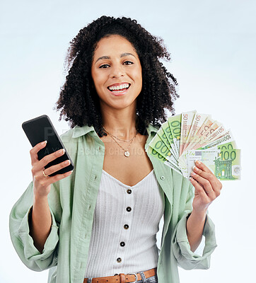 Buy stock photo Woman, phone and cash in studio portrait with smile for prize, investment or excited by white background. Isolated African girl, smartphone and winner with money fan, success or profit on fintech app