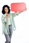 Woman portrait, smile and hand pointing to speech bubble in studio for social media, contact or info on white background. Happy, face and lady show poster for voice, feedback or FAQ, forum or quote