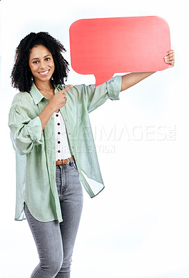 Buy stock photo Woman portrait, smile and hand pointing to speech bubble in studio for social media, contact or info on white background. Happy, face and lady show poster for voice, feedback or FAQ, forum or quote