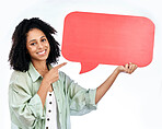 Woman, studio portrait and point at speech bubble with smile for promo, mockup or space by white background. Isolated African girl, happy student and sign for poster, paper billboard or social media