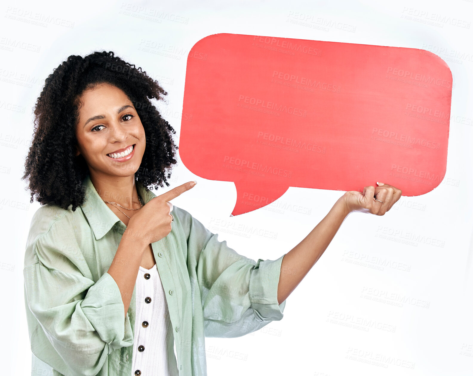 Buy stock photo Woman, studio portrait and point at speech bubble with smile for promo, mockup or space by white background. Isolated African girl, happy student and sign for poster, paper billboard or social media