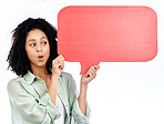 Space, wow and woman with speech bubble in studio for news, promo or how to steps on white background. Omg, sale and surprised lady with poster for checklist, sign up or translation, review or quote