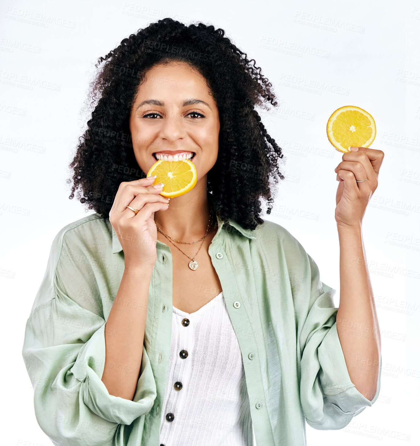 Buy stock photo Portrait, orange and woman with a smile, healthy snack and girl isolated against a white studio background. Face, female person or model with fruit, vitamin c and nutrition with happiness or wellness