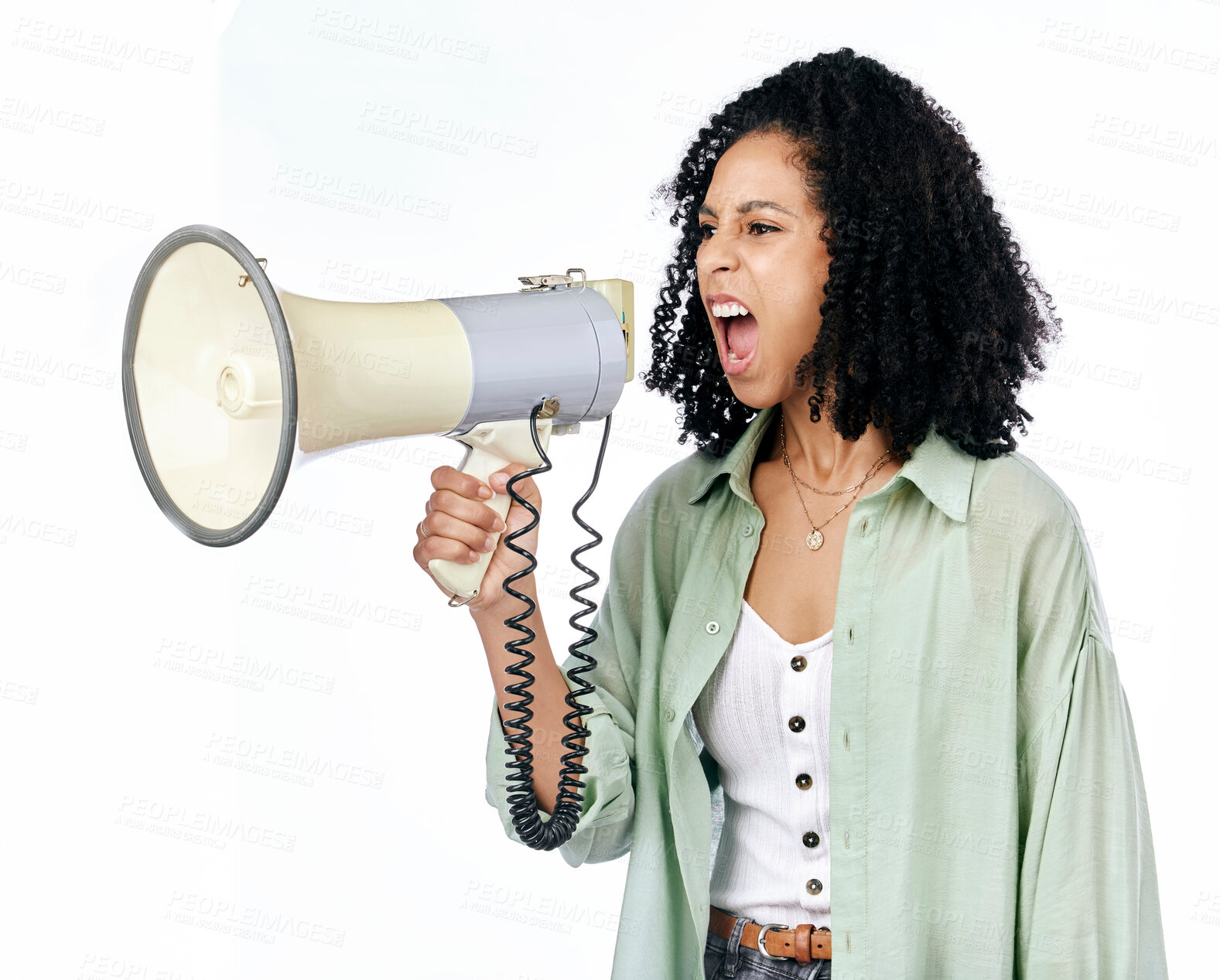 Buy stock photo Woman, loudspeaker and angry protest in studio with shouting, noise and politics by white background. Isolated African girl, student and megaphone for justice, speech and change in human rights goal