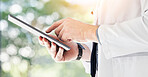 Tablet, doctor and hands of man for healthcare services, hospital management and telehealth app. Closeup of medical employee working on digital technology for research, consulting data and planning