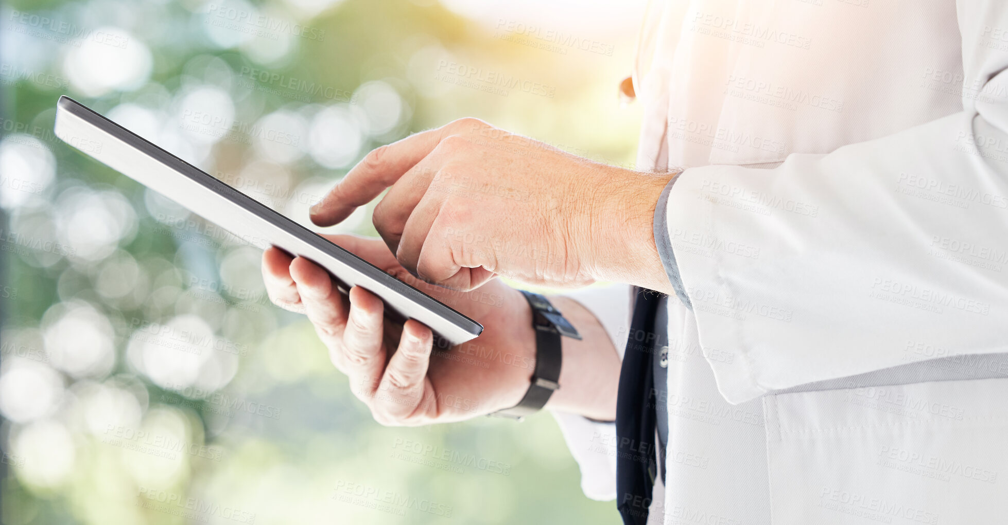 Buy stock photo Tablet, doctor and hands of man for healthcare services, hospital management and telehealth app. Closeup of medical employee working on digital technology for research, consulting data and planning