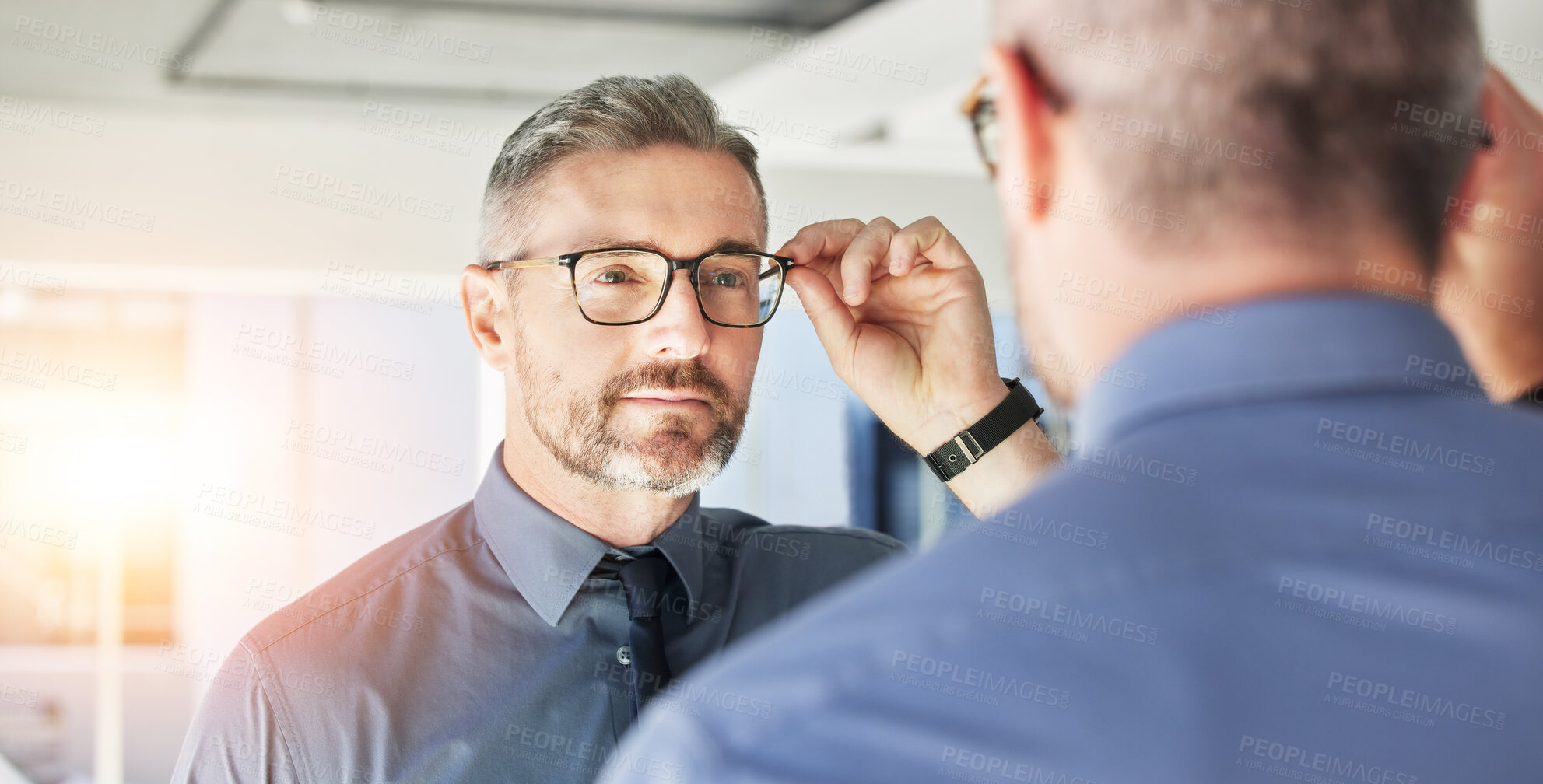 Buy stock photo Mirror reflection, optometry and man with glasses for eye care, vision and choice of frame. Mature, store and person eyewear shopping for a lens or fit for eyeglasses style in a shop with a decision