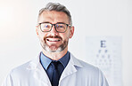 Senior man, optometrist and portrait, vision and glasses with eye care clinic and healthcare with a smile. Male person, ophthalmology and health for eyes, eyesight assessment and prescription lens