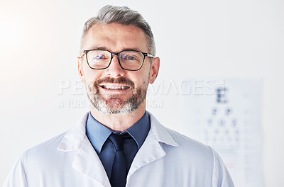 Buy stock photo Senior man, optometrist and portrait, vision and glasses with eye care clinic and healthcare with a smile. Male person, ophthalmology and health for eyes, eyesight assessment and prescription lens