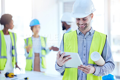 Buy stock photo Construction worker, tablet and man with blueprint of engineer, builder or contractor. Industrial, handyman app and male person with digital info and smile from engineering and architecture project