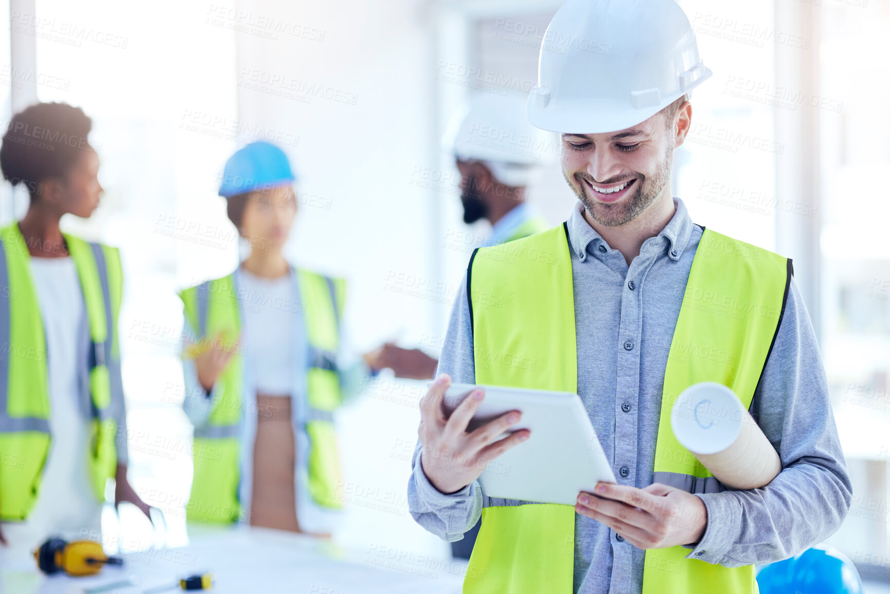 Buy stock photo Construction worker, tablet and man with blueprint of engineer, builder or contractor. Industrial, handyman app and male person with digital info and smile from engineering and architecture project