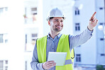 Tablet, architecture and smile with man in city for planning, project management and building. Inspection, engineering and contractor with person on construction site for digital and technology