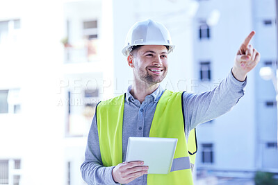 Buy stock photo Tablet, architecture and smile with man in city for planning, project management and building. Inspection, engineering and contractor with person on construction site for digital and technology