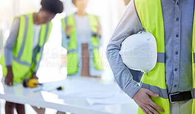 Buy stock photo Construction worker, closeup and helmet with arm of engineer, builder or contractor. Industrial team, handyman gear and person with protection and safety for engineering and architecture project