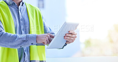 Buy stock photo Tablet, architecture and hands of man in city for planning, project management and building. Inspection, engineering and contractor with closeup of person on construction site for digital and mockup