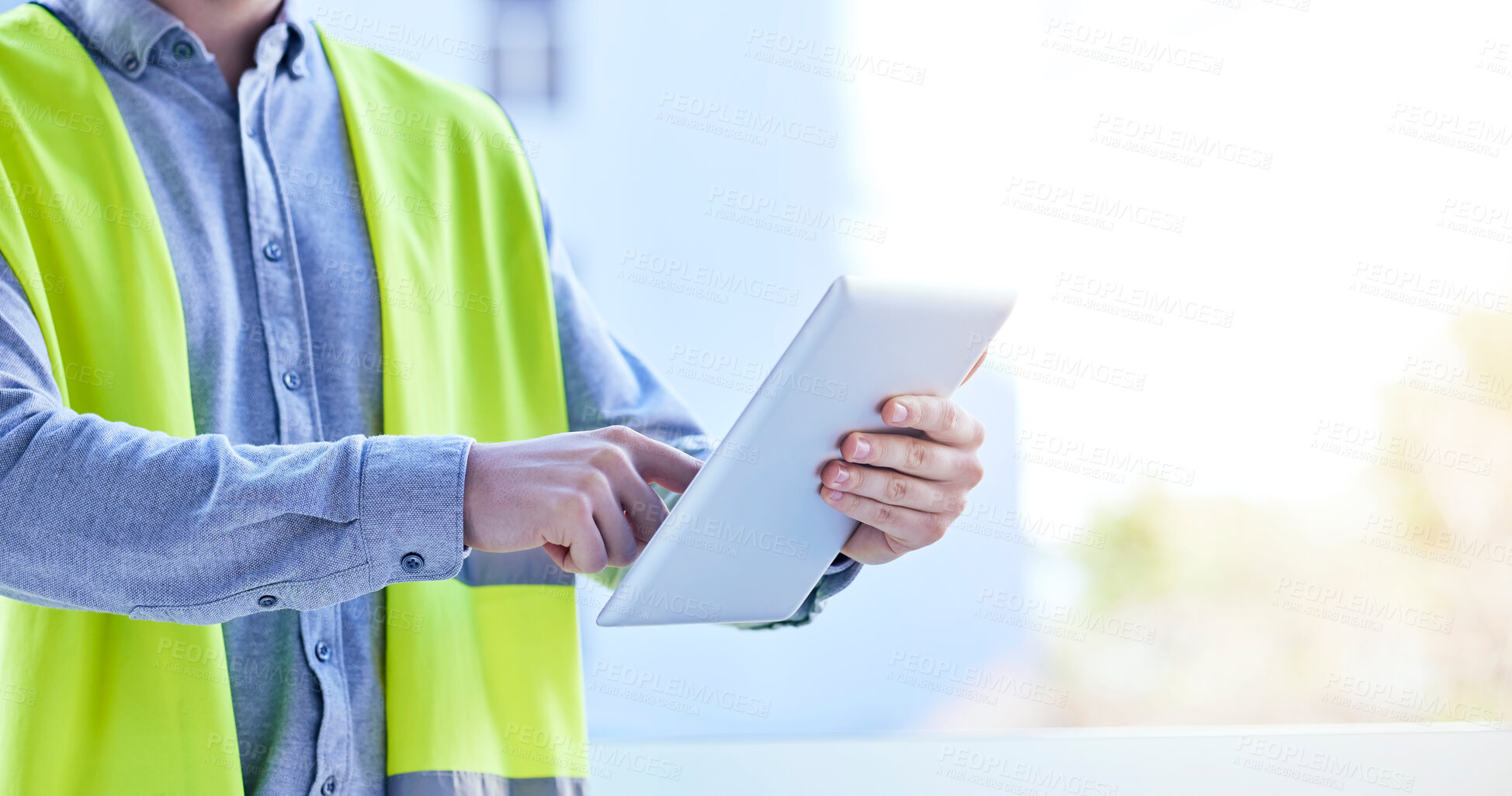 Buy stock photo Tablet, architecture and hands of man in city for planning, project management and building. Inspection, engineering and contractor with closeup of person on construction site for digital and mockup