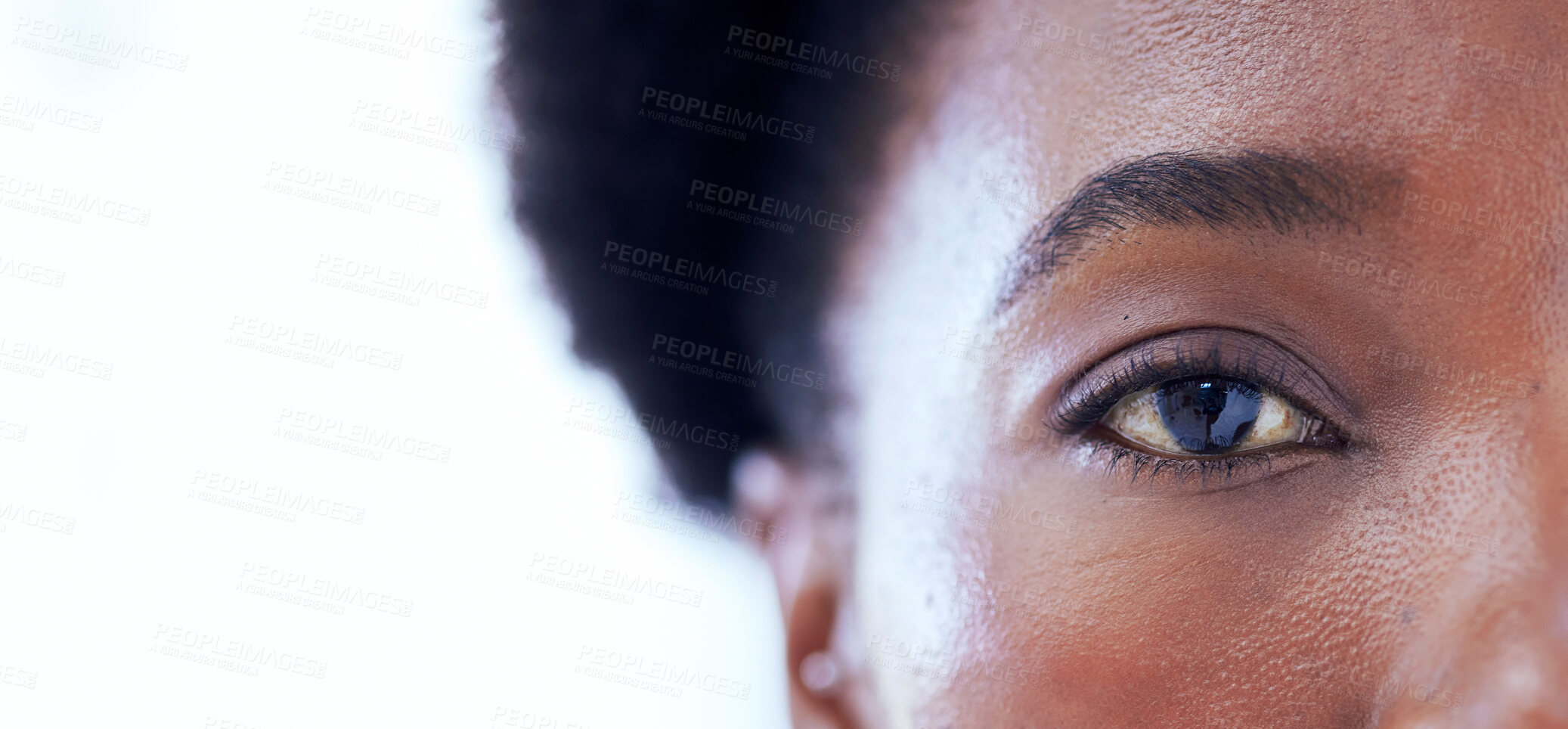 Buy stock photo White background, eye and portrait of black woman for vision, banner and health with mockup space. Macro, eyes closeup and face of female person for biometric or retina scan, contact lens and exam