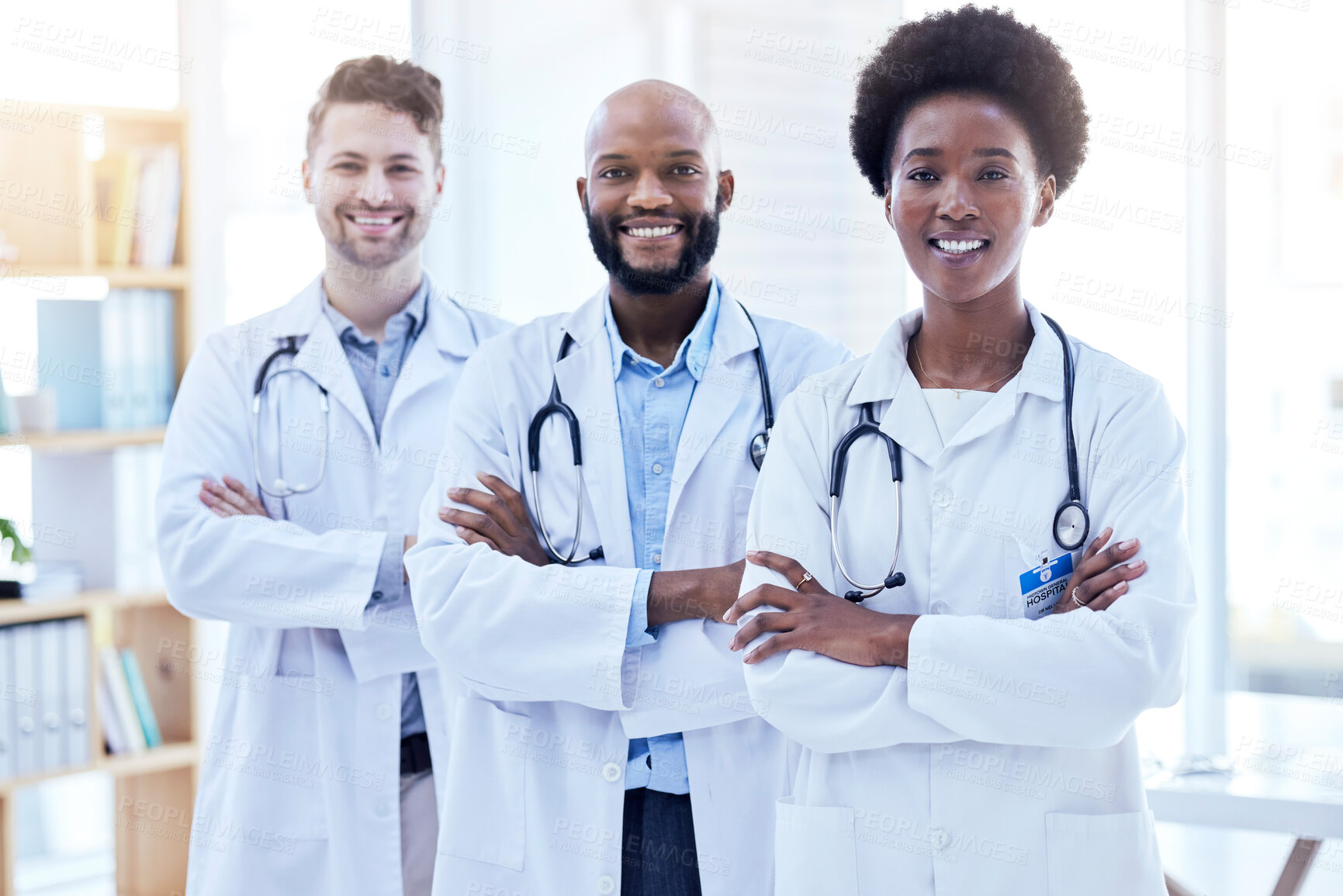 Buy stock photo Doctors, team and arms crossed with health, diversity and cardiology, surgeon group collaboration in portrait. Confident, solidarity in cardiovascular healthcare and professional people in medicine