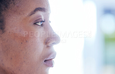 Buy stock photo African woman, profile and skincare with natural beauty, cosmetics or dermatology facial in salon, spa or healthy skin texture. Serious, face and person with confidence in wellness, care or mockup