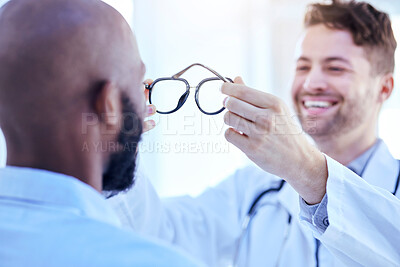 Buy stock photo Glasses, optometrist and patient with men in clinic, vision and prescription lens with frame, choice and test. Eyesight, eye care and optometry, health and male people with decision for spectacles