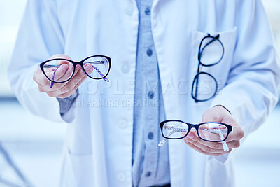 Buy stock photo Glasses, choice and optometrist, hands and vision with eyewear in clinic, prescription lens with designer frame. Eyesight, eye care and optometry, healthcare and person with decision for spectacles