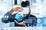 Virtual reality, hologram and global business man review statistics, cyber administration or AI software. UI overlay, future economy metaverse and person with 3D headset and virtual world data