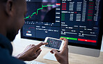 Phone, computer and corporate man with stock market statistics, NFT insight or investment data of IPO fintech company. Crypto trading, economy and African male trader reading finance accounting info 