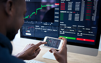 Buy stock photo Phone, computer and corporate man with stock market statistics, NFT insight or investment data of IPO fintech company. Crypto trading, economy and African male trader reading finance accounting info 