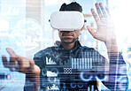 Virtual reality, hologram and business man with a headset to review statistics, cyber administration or AI software. UI overlay, future economy metaverse and person with 3D or virtual world data