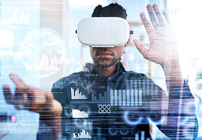 Buy stock photo Virtual reality, hologram and business man with a headset to review statistics, cyber administration or AI software. UI overlay, future economy metaverse and person with 3D or virtual world data