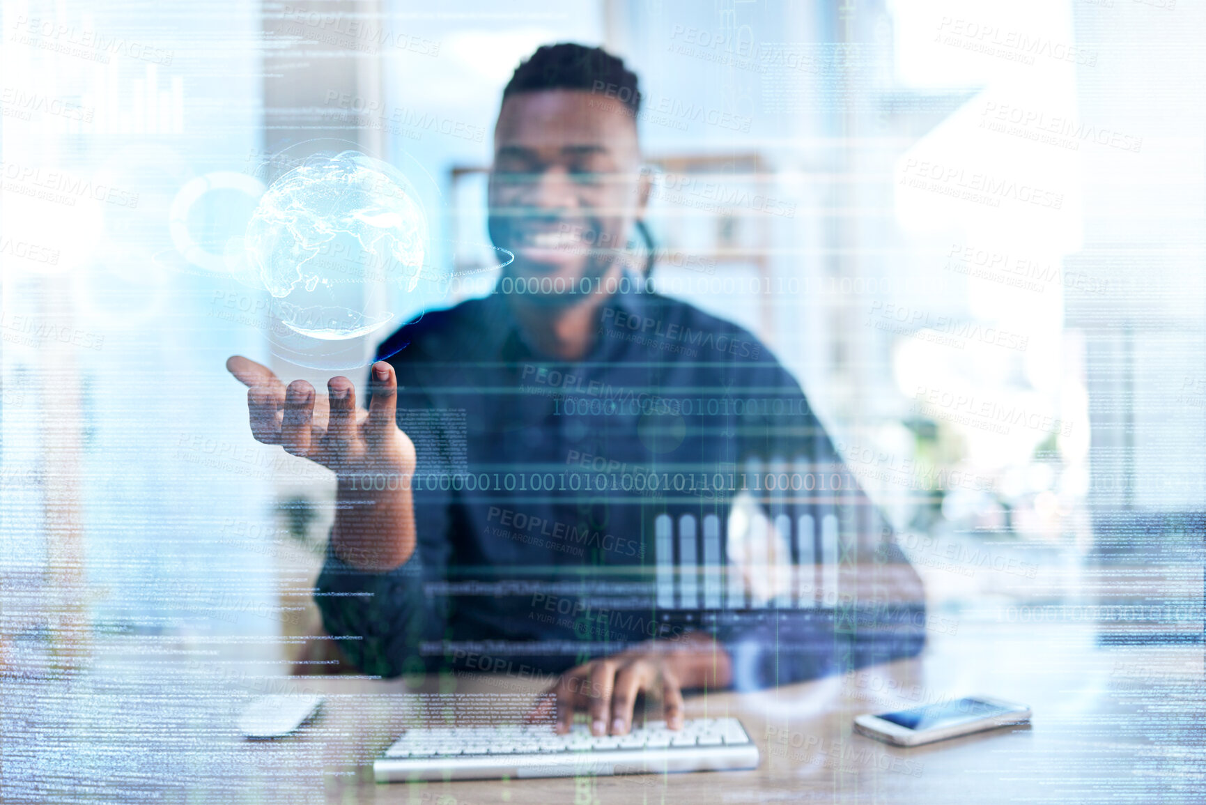 Buy stock photo Business man, hologram and future technology in an office for internet connection and innovation. Global, network and a black male person at desk for iot, ai overlay and big data or information