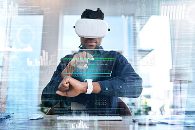 Buy stock photo Virtual reality, smart watch hologram and business man typing, scroll and check AI dashboard, AR hud or data overlay. Digital transformation, VR headset or male developer work on wrist clock software