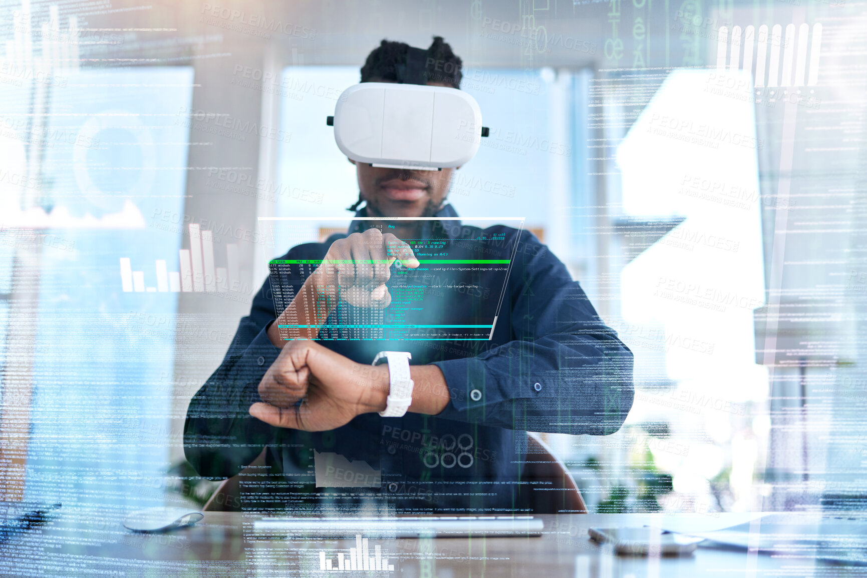 Buy stock photo Virtual reality, smart watch hologram and business man typing, scroll and check AI dashboard, AR hud or data overlay. Digital transformation, VR headset or male developer work on wrist clock software