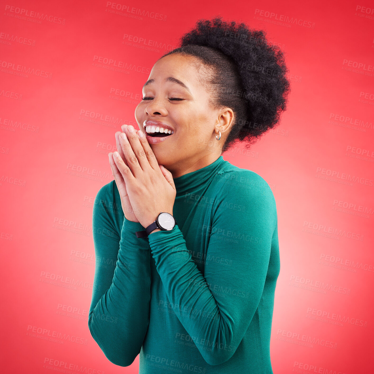 Buy stock photo Thank you, praying and black woman in studio happy, relief and grateful  against red background. Blessing, gratitude and African female smile for good news, outcome or results, solution or answer