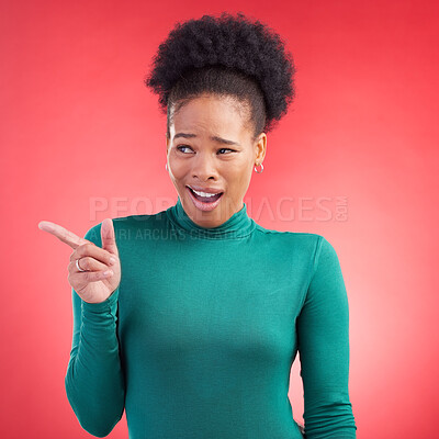 Buy stock photo Pointing, confused and a black woman on a red background for showing, angry or frustrated. Thinking, fail and an African girl with a hand gesture on a backdrop for crazy reaction, mistake or goofy
