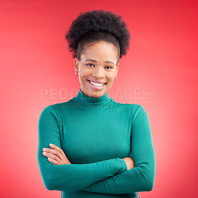 Buy stock photo Happy, portrait and a black woman in studio with arms crossed, confidence and a positive mindset. Fashion, smile and african female model person in casual clothes on a red background for motivation