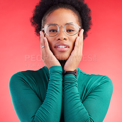 Buy stock photo Woman, portrait and studio with glasses and vision with eye care and health. Face, African female person and model with eyewear, new frame and fashion with modern style and confidence of girl