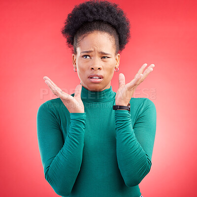 Buy stock photo Confused, thinking and black woman in studio with questions, wtf and pensive gesture on red background. Doubt, why and face of African female asking, unsure and puzzled by choice, decision or problem