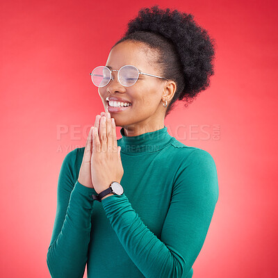 Buy stock photo Prayer, thank you and black woman in studio happy, relief and faith and hope on a red background. Blessing, gratitude and African person smile for good news, outcome or results, solution or answer