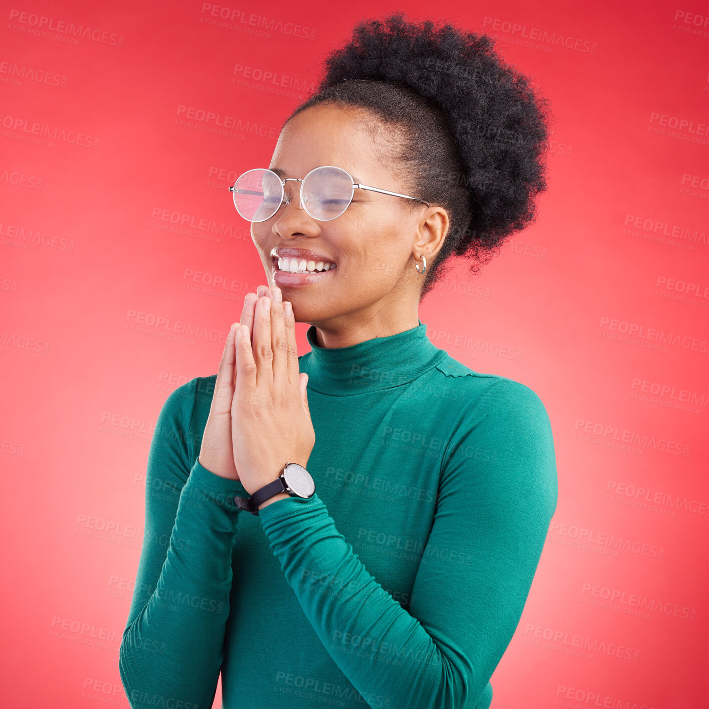 Buy stock photo Prayer, thank you and black woman in studio happy, relief and faith and hope on a red background. Blessing, gratitude and African person smile for good news, outcome or results, solution or answer
